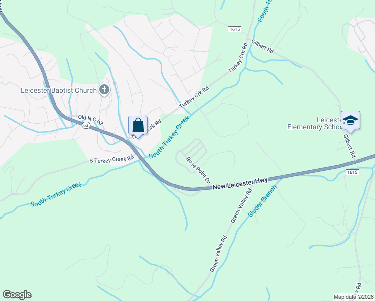 map of restaurants, bars, coffee shops, grocery stores, and more near 42 Rose Creek Road in Leicester