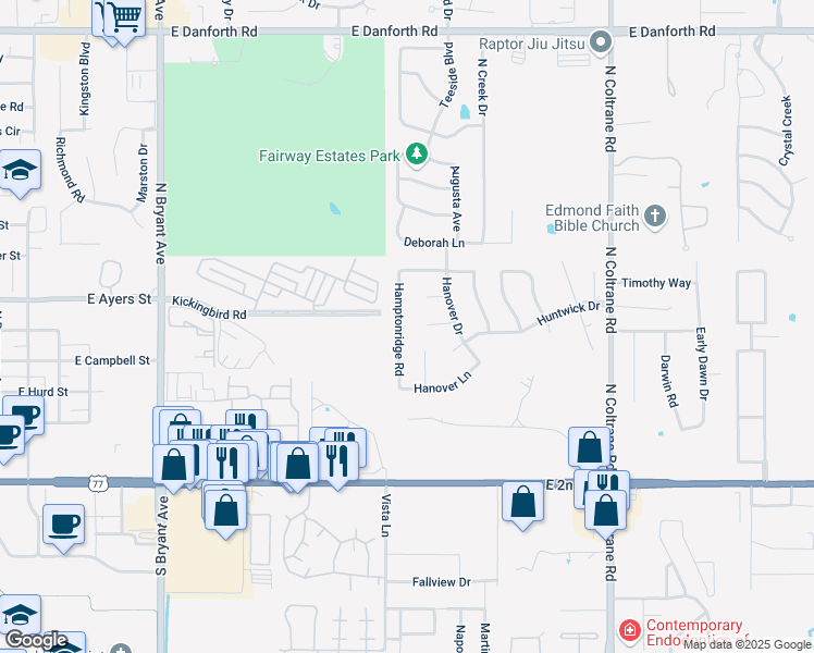 map of restaurants, bars, coffee shops, grocery stores, and more near 2300 Foxwood Circle in Edmond