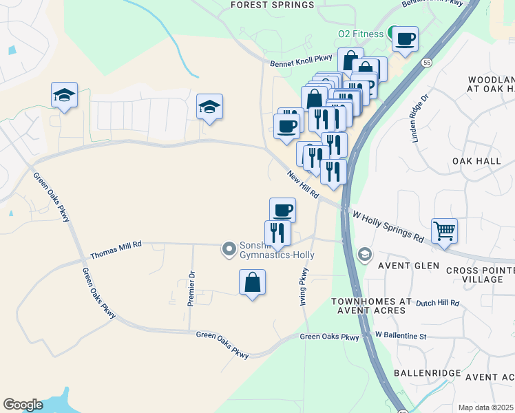 map of restaurants, bars, coffee shops, grocery stores, and more near 136 Thomas Mill Road in Holly Springs