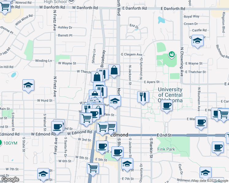 map of restaurants, bars, coffee shops, grocery stores, and more near 215 North Boulevard in Edmond