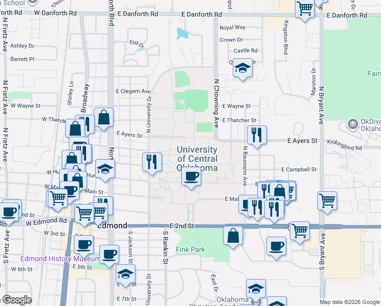 map of restaurants, bars, coffee shops, grocery stores, and more near 100 North University Drive in Edmond