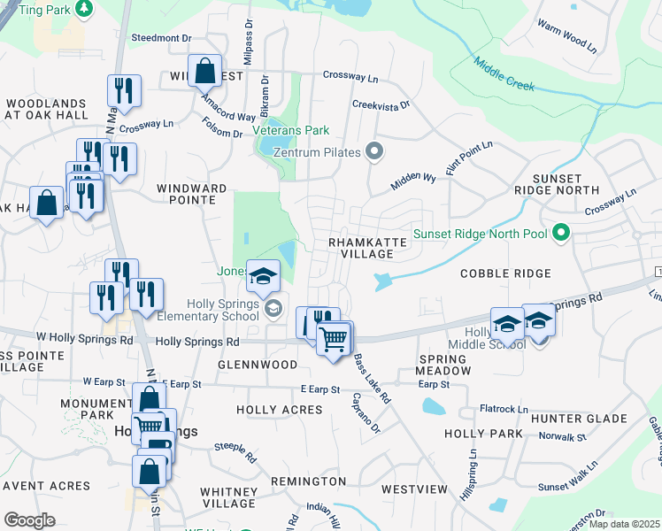map of restaurants, bars, coffee shops, grocery stores, and more near 625 Old Ride Drive in Holly Springs