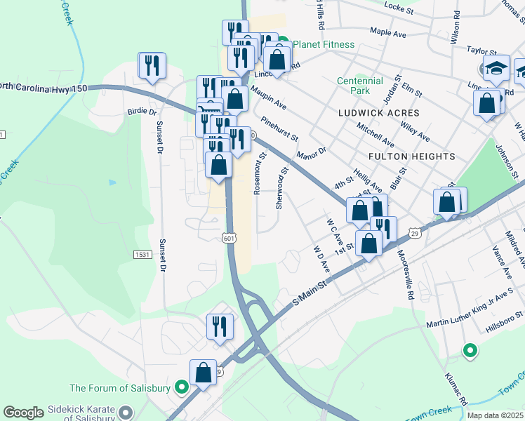 map of restaurants, bars, coffee shops, grocery stores, and more near 1925 Rosemont Street in Salisbury