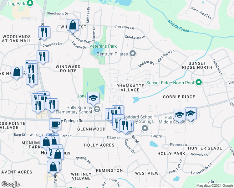 map of restaurants, bars, coffee shops, grocery stores, and more near 625 Old Ride Drive in Holly Springs