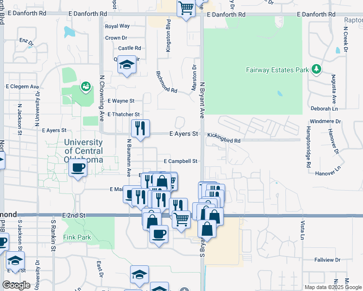 map of restaurants, bars, coffee shops, grocery stores, and more near 1300 East Ayers Street in Edmond