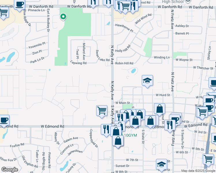 map of restaurants, bars, coffee shops, grocery stores, and more near 1007 Pruett Drive in Edmond