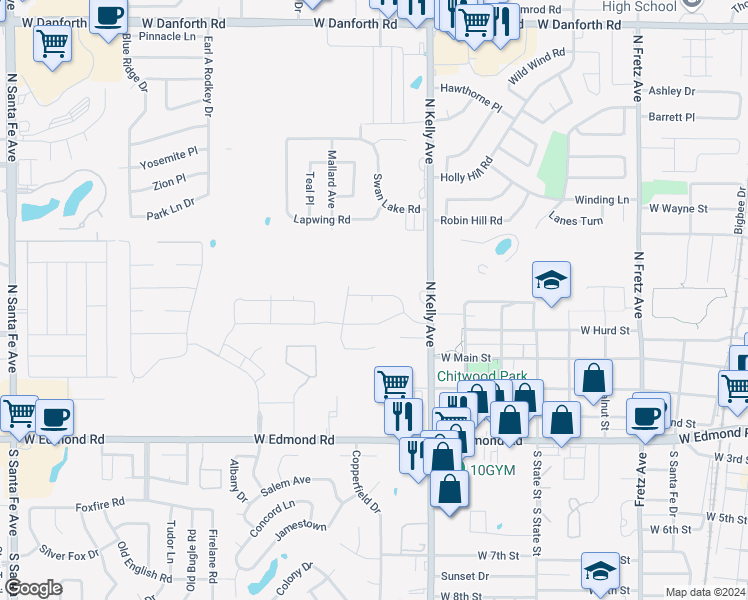 map of restaurants, bars, coffee shops, grocery stores, and more near 1030 Pruett Drive in Edmond