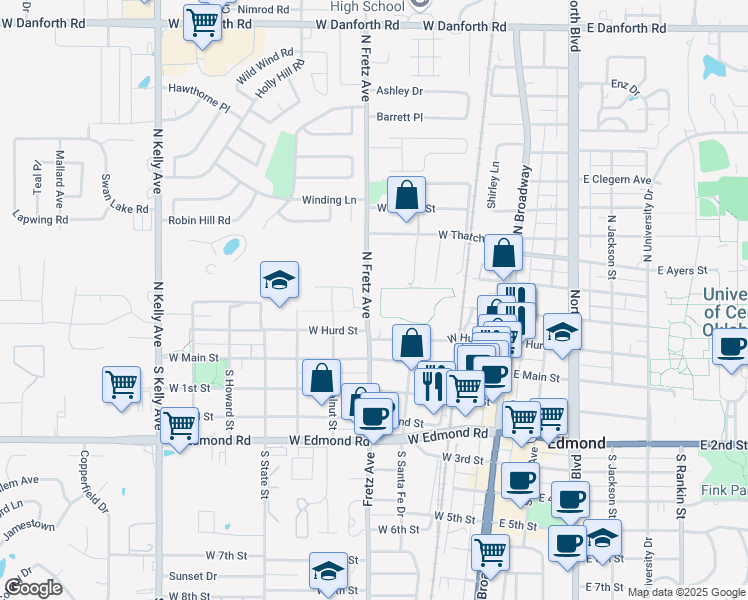 map of restaurants, bars, coffee shops, grocery stores, and more near 212 Fretz Avenue in Edmond