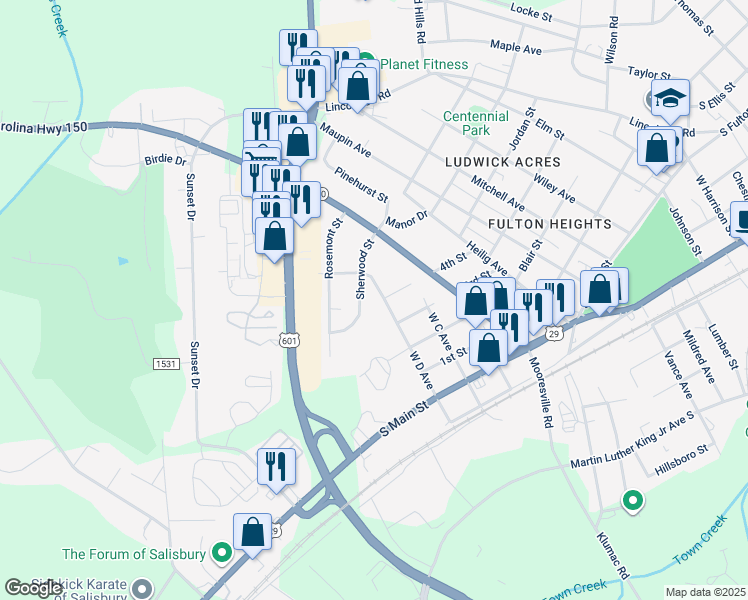 map of restaurants, bars, coffee shops, grocery stores, and more near 427 D Avenue in Salisbury