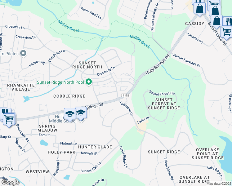 map of restaurants, bars, coffee shops, grocery stores, and more near 4920 Linksland Drive in Holly Springs