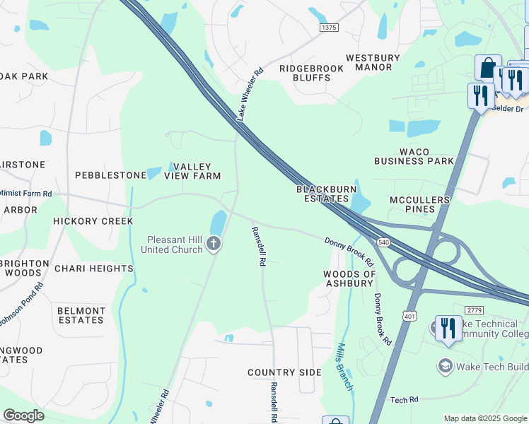 map of restaurants, bars, coffee shops, grocery stores, and more near 2216 Donny Brook Road in Raleigh