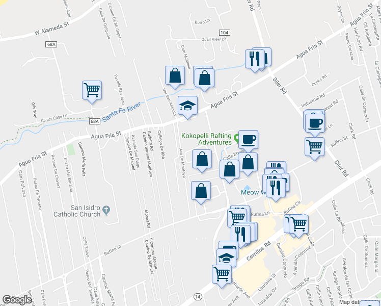map of restaurants, bars, coffee shops, grocery stores, and more near 3223 La Paz Lane in Santa Fe