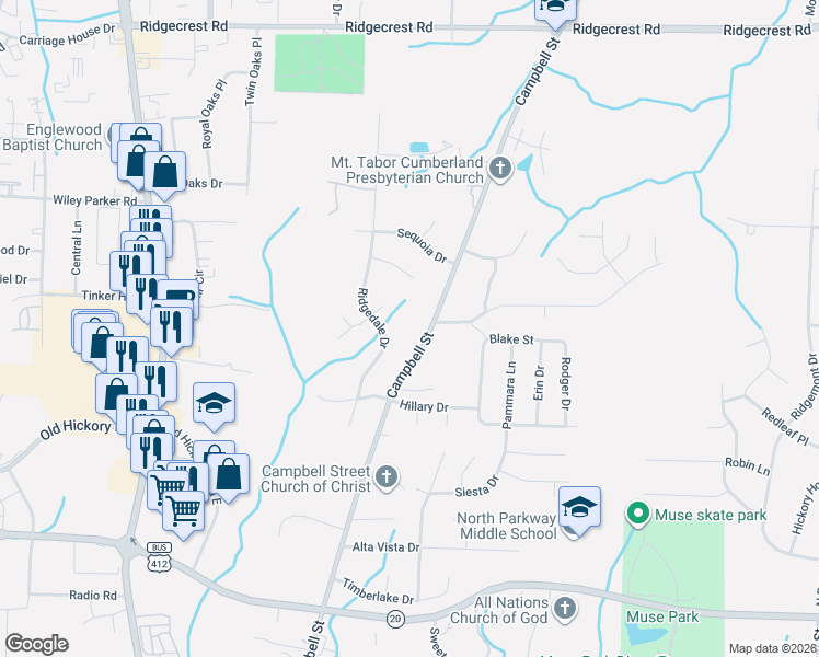 map of restaurants, bars, coffee shops, grocery stores, and more near 1643 Campbell Street in Jackson