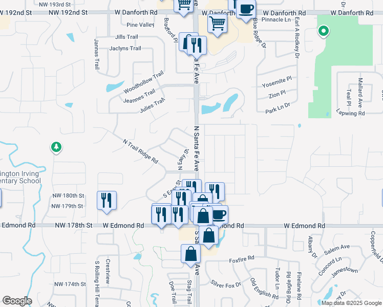 map of restaurants, bars, coffee shops, grocery stores, and more near 116 North Easy Street in Edmond