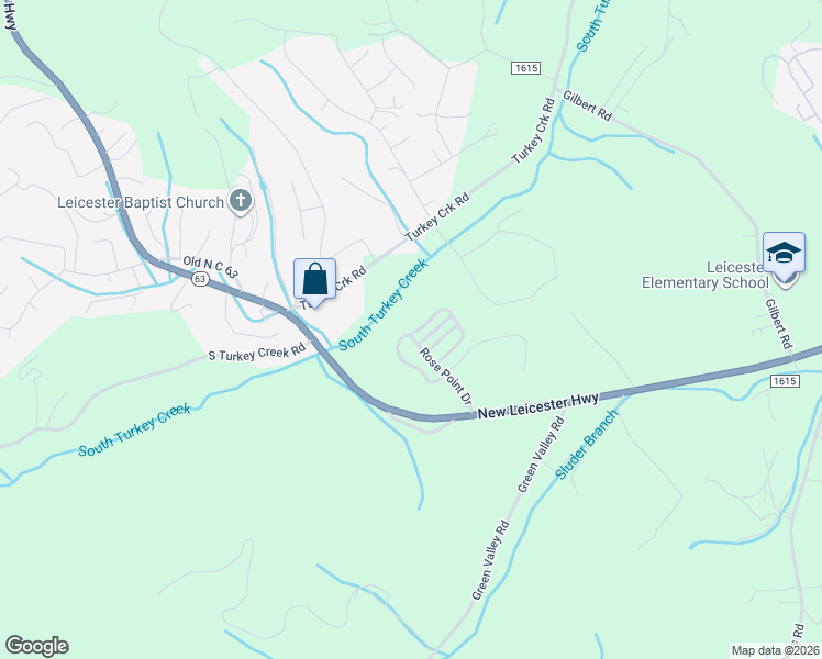 map of restaurants, bars, coffee shops, grocery stores, and more near 42 Rose Creek Road in Leicester