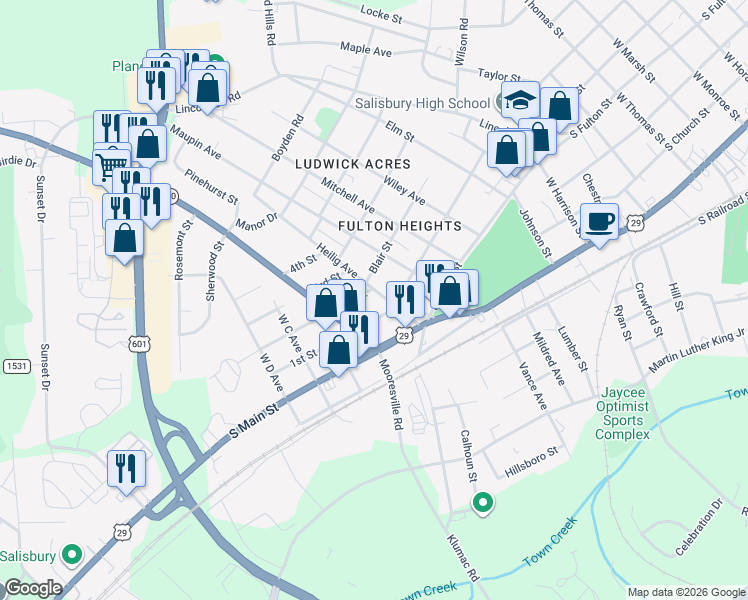 map of restaurants, bars, coffee shops, grocery stores, and more near 209 Heilig Avenue in Salisbury