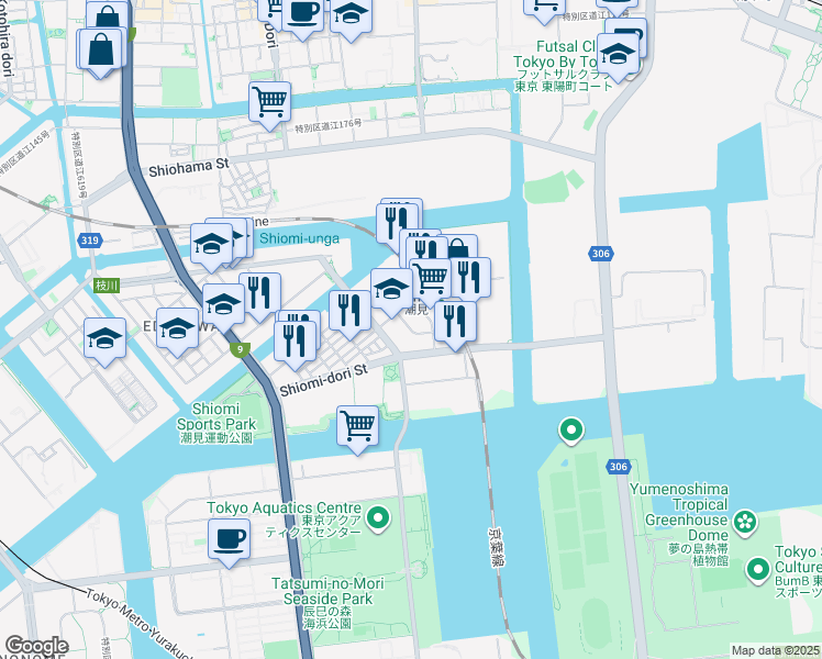 map of restaurants, bars, coffee shops, grocery stores, and more near in Koto City