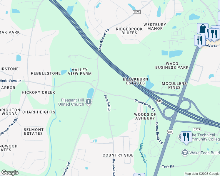map of restaurants, bars, coffee shops, grocery stores, and more near 2216 Donny Brook Road in Raleigh