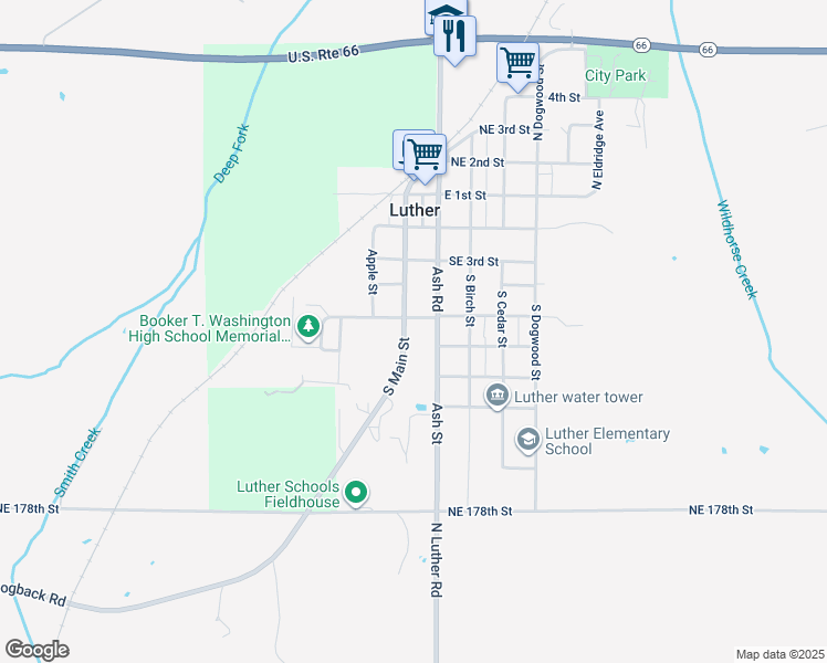 map of restaurants, bars, coffee shops, grocery stores, and more near 504 South Main Street in Luther