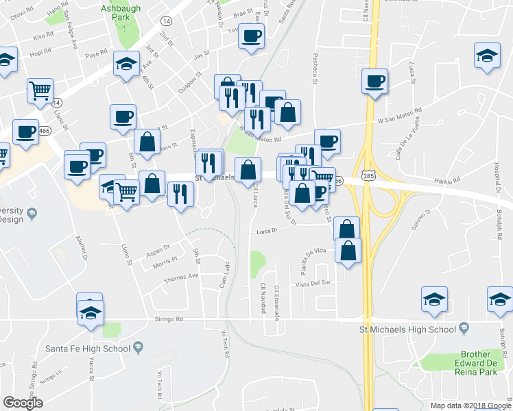 map of restaurants, bars, coffee shops, grocery stores, and more near 2027 Calle Lorca in Santa Fe