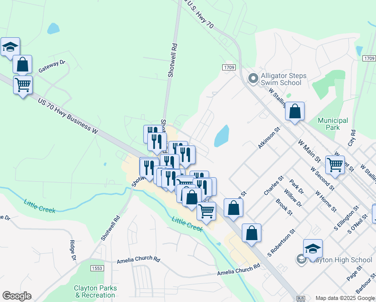 map of restaurants, bars, coffee shops, grocery stores, and more near Enterprise Drive in Clayton