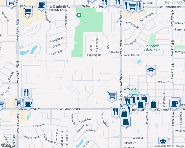 map of restaurants, bars, coffee shops, grocery stores, and more near 215 Jennifer Avenue in Edmond
