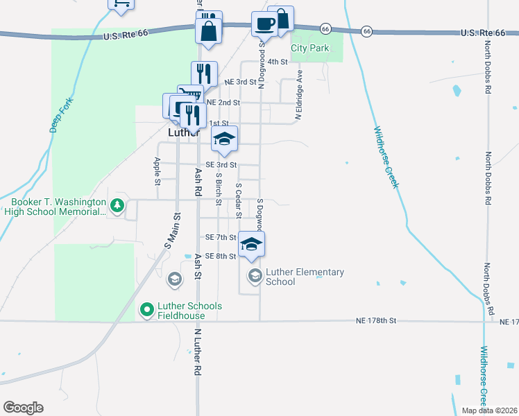 map of restaurants, bars, coffee shops, grocery stores, and more near 511 South Dogwood Street in Luther