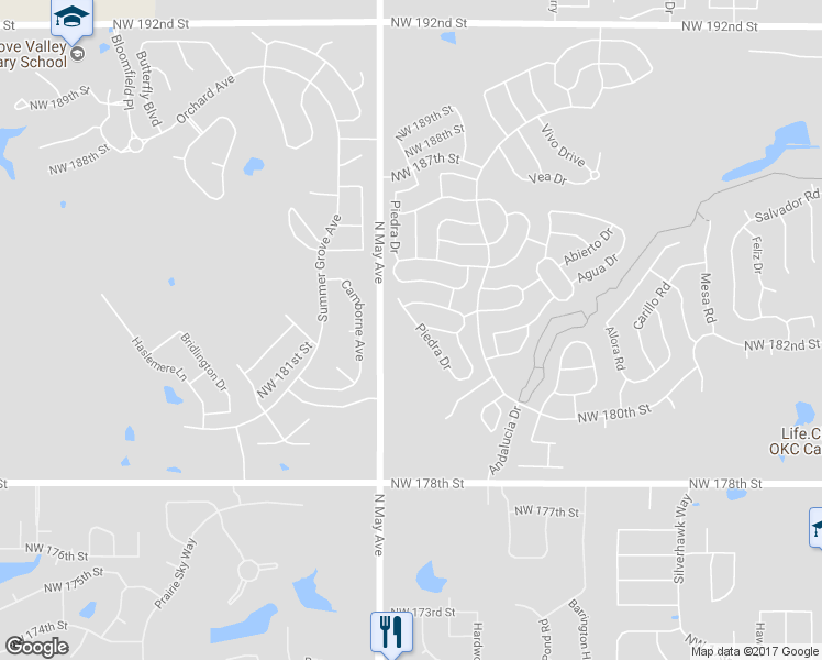 map of restaurants, bars, coffee shops, grocery stores, and more near 18305 Piedra Drive in Edmond