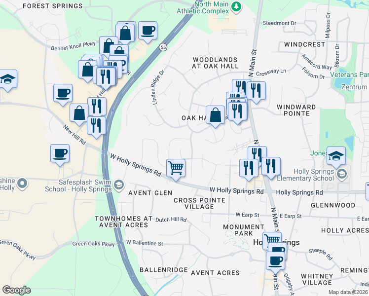 map of restaurants, bars, coffee shops, grocery stores, and more near 116 Crabwall Court in Holly Springs