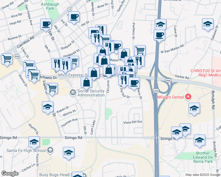 map of restaurants, bars, coffee shops, grocery stores, and more near 2027 Calle Lorca in Santa Fe