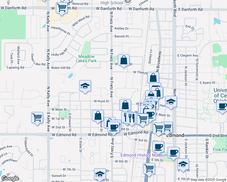 map of restaurants, bars, coffee shops, grocery stores, and more near 212 Fretz Avenue in Edmond