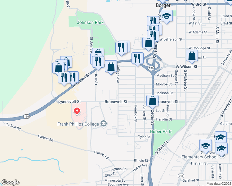 map of restaurants, bars, coffee shops, grocery stores, and more near 900 College Avenue in Borger