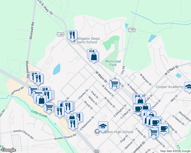 map of restaurants, bars, coffee shops, grocery stores, and more near 542 West 2nd Street in Clayton