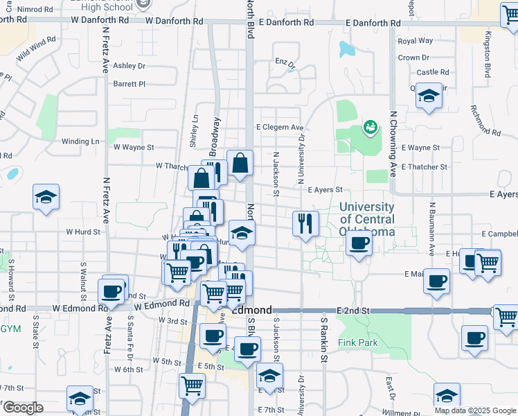 map of restaurants, bars, coffee shops, grocery stores, and more near 210 East Edwards Street in Edmond