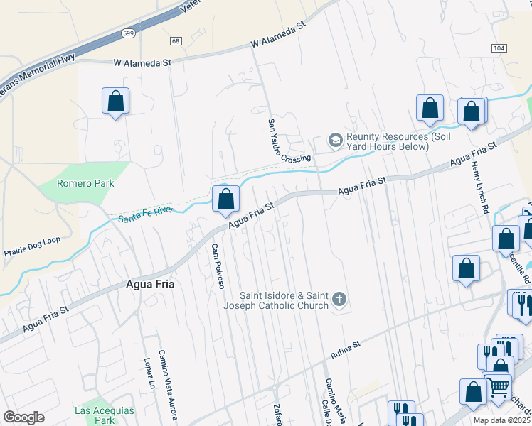map of restaurants, bars, coffee shops, grocery stores, and more near 3774 Agua Fria Street in Santa Fe