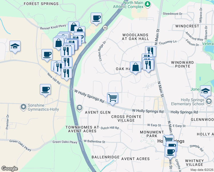 map of restaurants, bars, coffee shops, grocery stores, and more near 164 Gremar Drive in Holly Springs