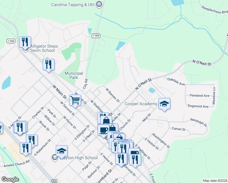 map of restaurants, bars, coffee shops, grocery stores, and more near 222 West Barnes Street in Clayton