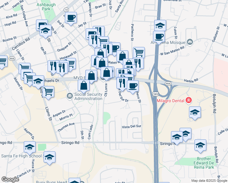 map of restaurants, bars, coffee shops, grocery stores, and more near 2029 Calle Lorca in Santa Fe