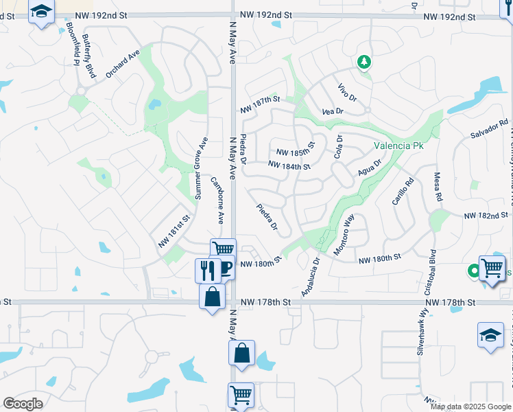 map of restaurants, bars, coffee shops, grocery stores, and more near 18305 Piedra Drive in Edmond