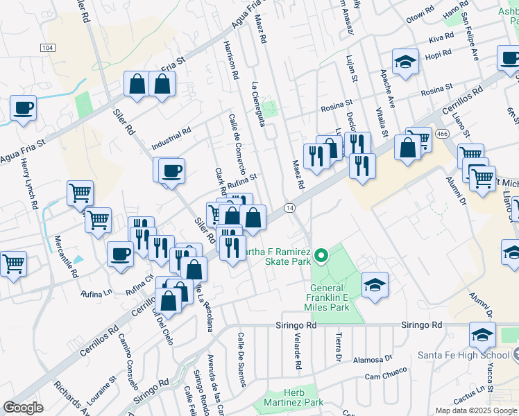 map of restaurants, bars, coffee shops, grocery stores, and more near 1364 Jorgensen Lane in Santa Fe