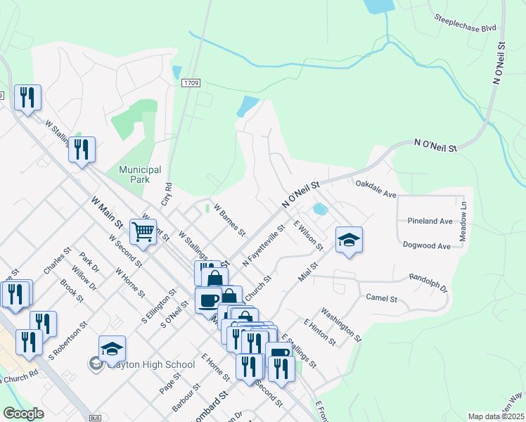 map of restaurants, bars, coffee shops, grocery stores, and more near 105 Starmount Road in Clayton