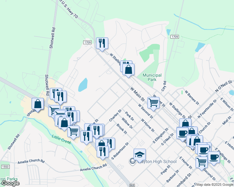 map of restaurants, bars, coffee shops, grocery stores, and more near 706 West Horne Street in Clayton