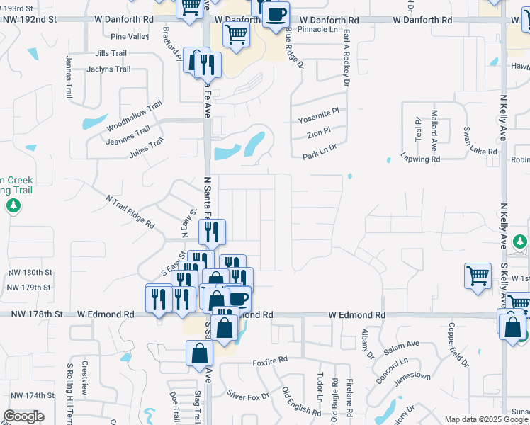 map of restaurants, bars, coffee shops, grocery stores, and more near 204 Grand Fork Road in Edmond