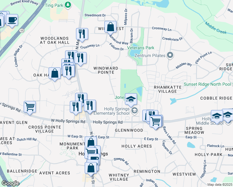 map of restaurants, bars, coffee shops, grocery stores, and more near 412 Cayman Avenue in Holly Springs