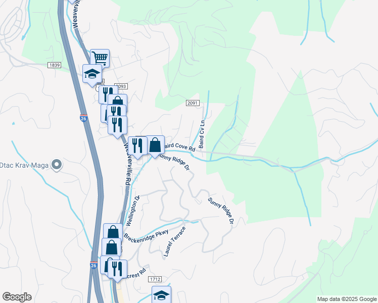 map of restaurants, bars, coffee shops, grocery stores, and more near 251 Baird Cove Road in Asheville