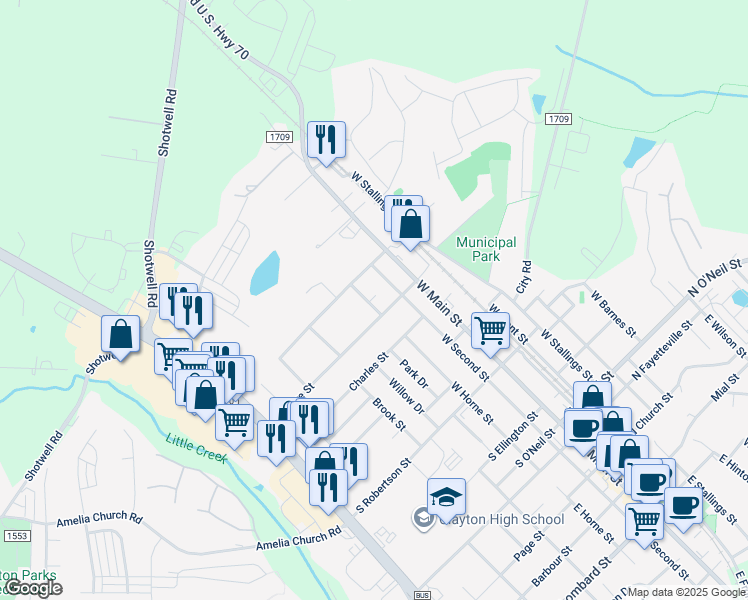 map of restaurants, bars, coffee shops, grocery stores, and more near 706 West Horne Street in Clayton