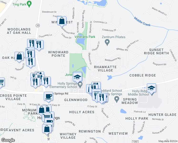 map of restaurants, bars, coffee shops, grocery stores, and more near 364 Skymont Drive in Holly Springs