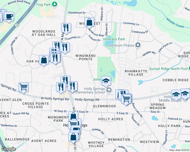 map of restaurants, bars, coffee shops, grocery stores, and more near 412 Cayman Avenue in Holly Springs