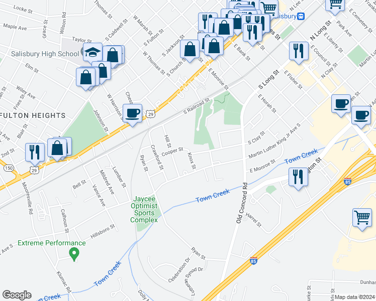 map of restaurants, bars, coffee shops, grocery stores, and more near 18 Knox Street in Salisbury
