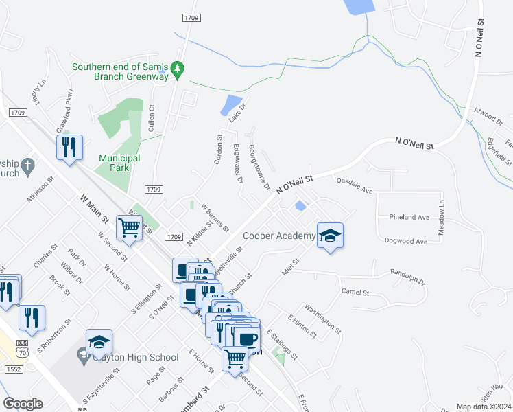 map of restaurants, bars, coffee shops, grocery stores, and more near 600 North O'Neil Street in Clayton